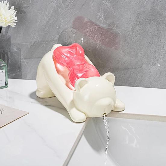 Ceramic Soap Dish with Automatic Drainage Cute Design Animal Shape Easy Cleaning Soap Holder Organizer for Shower Bathroom