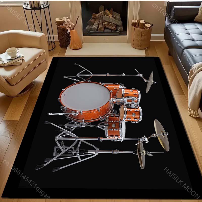 Cool Golden Drum Set Print Carpet for Living Room Bedroom Bedside Sofa Table Floor Mat Home Area Rug Decor Large Size MusicLover