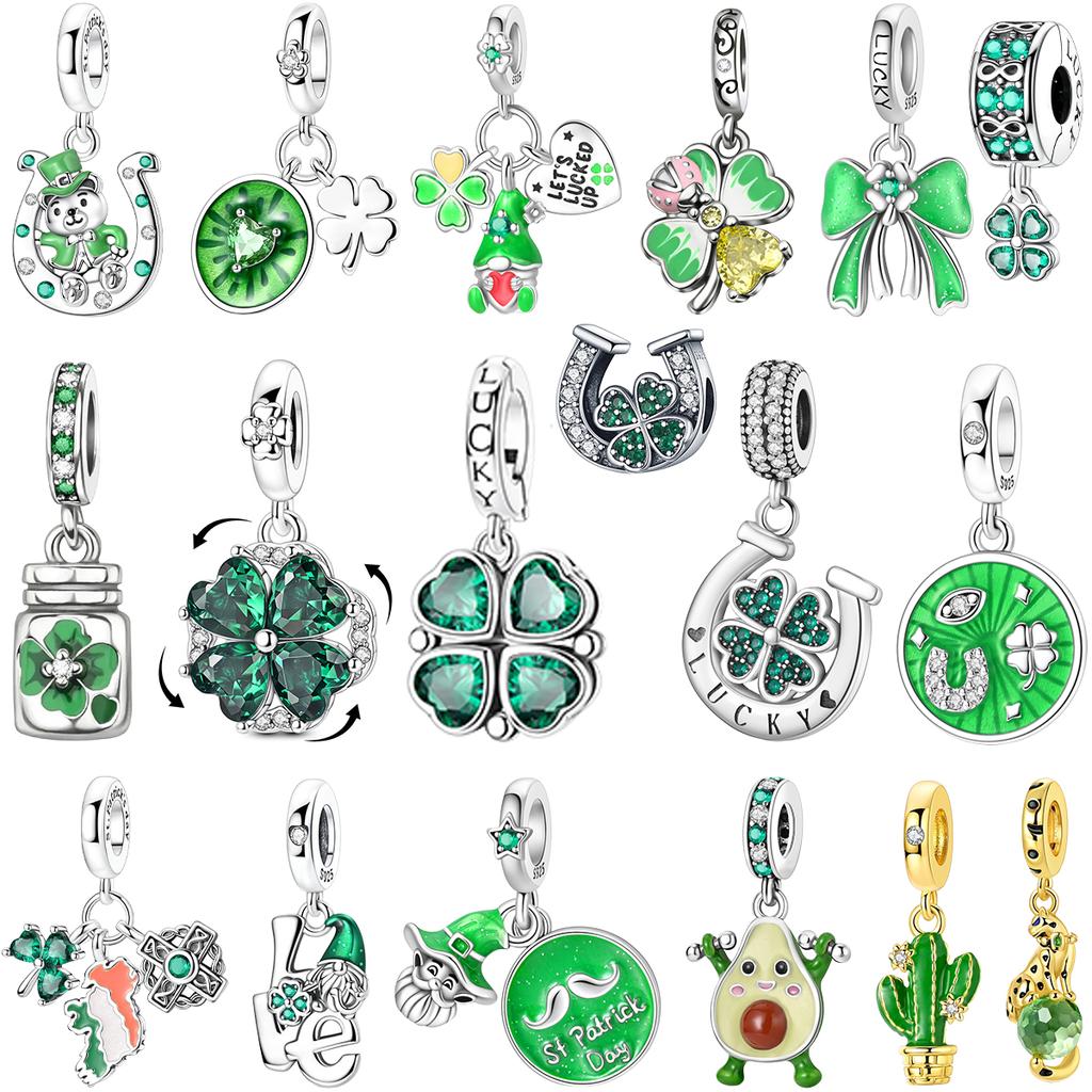 Spring 925 Silver Green Series Charm Bead For Woman Four Leaf Clover Turtle Avocado Fit Original Bracelet Making Pendant Jewelry