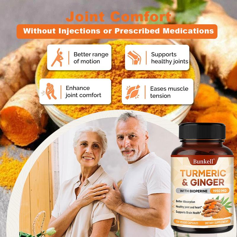 Turmeric Ginger Capsules 1950mg Contains Curcumin+Ginger+Black Pepper Extract to Protect Joint Heart and Brain Health 120 Capsules