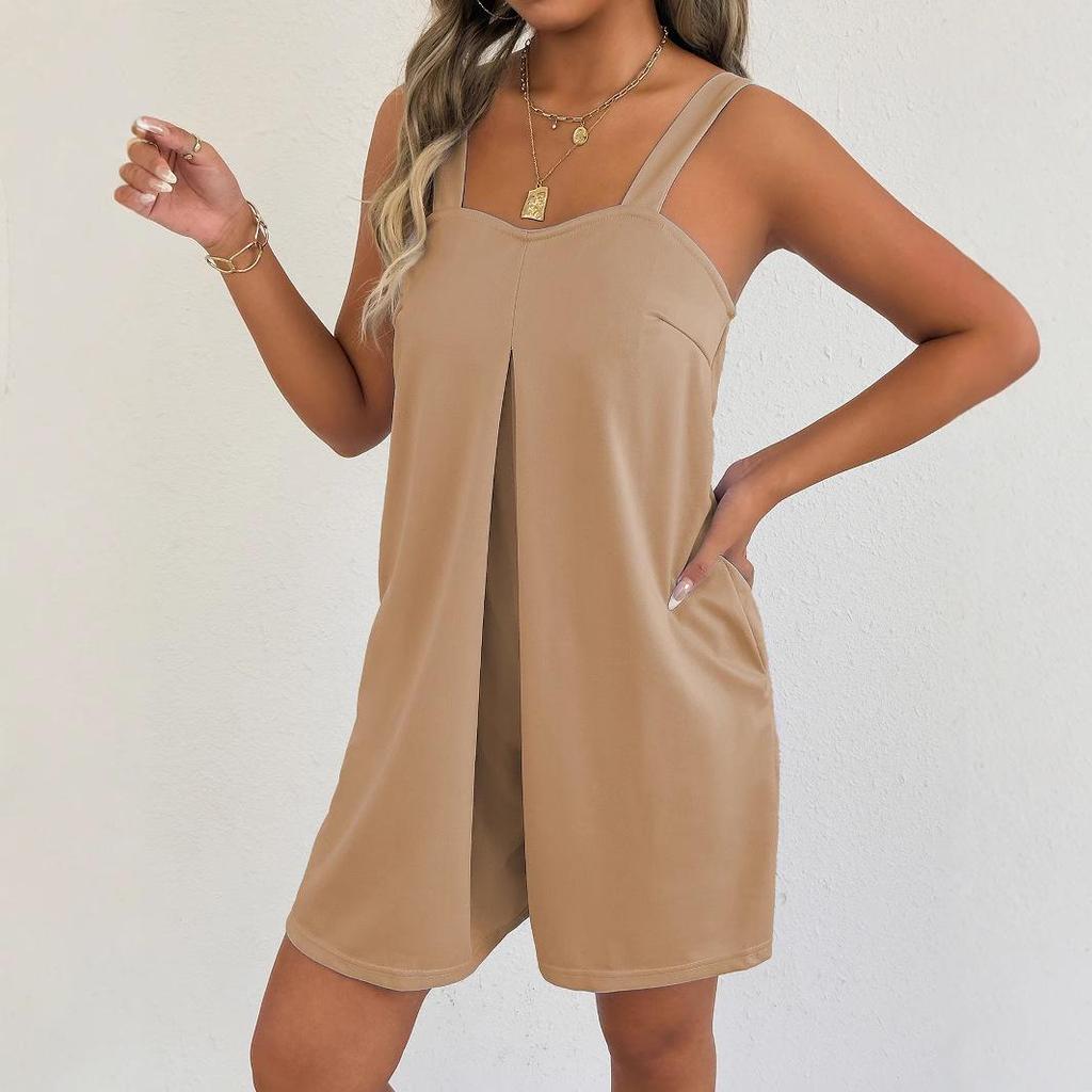 2025 European Summer Women's Loose Solid Color Strappy Overalls