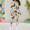 Women Plus Size Patchwork Printed Round Neck Long Sleeve Top And Fitted Pants Two Piece Set
