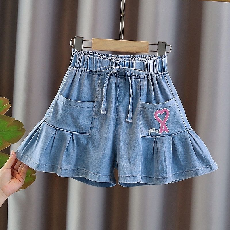 Girls' Summer New Denim Shorts Girls' Casual Pleated Skirt Pants Medium and Large Children's Outerwear Pants Skirt