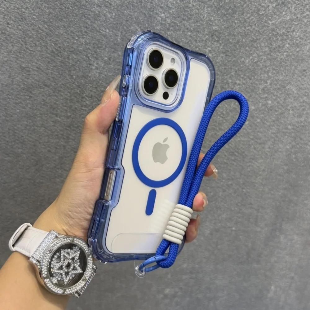 Fashion Candy Colour Clear Case for IPhone 17 Air 16E 15 14 Plus 13 12 11 Pro Max Magnetic Shockproof Wrist Strap Lanyard Cover