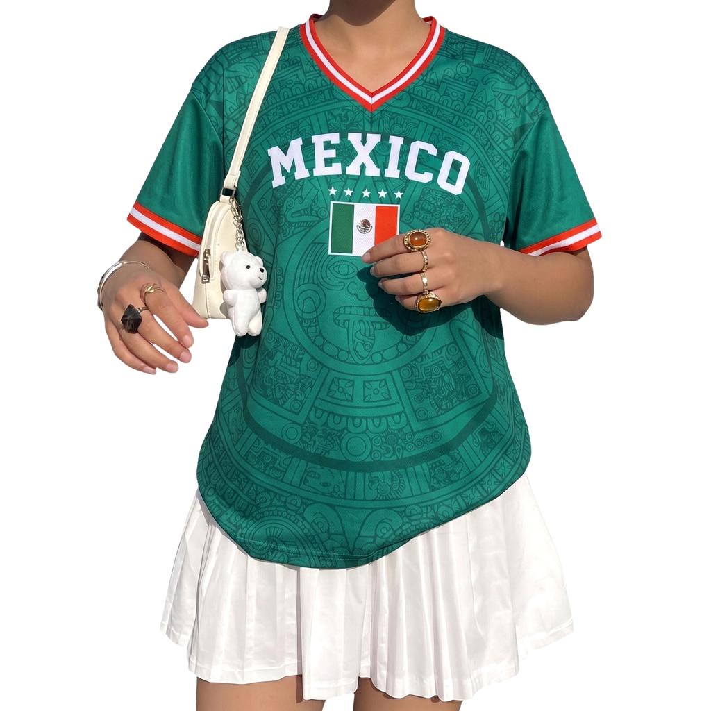 Women's V Neck Short Sleeve Mexico Soccer Jersey Top Lightweight Breathable Athletic Shirt with Printed Design and Relaxed Fit