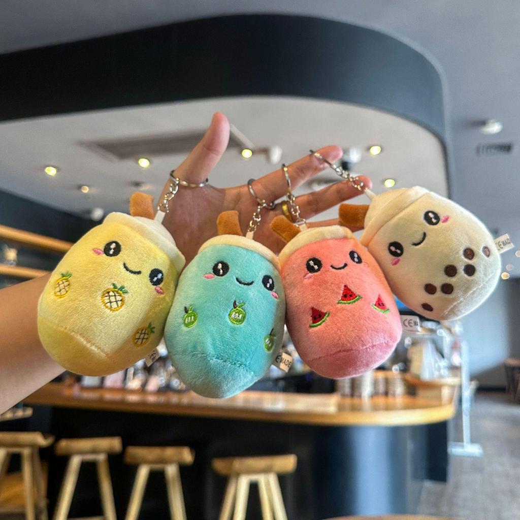 Creative Cartoon Milk Tea Plush Bag Keychain - Fluffy Cute Pendant Accessory for Car or Bag