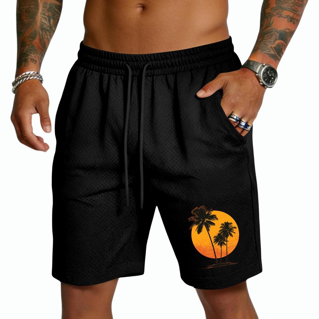 Mens Drawstring Waist Casual Shorts with Tree and Print Relaxed Fit Lightweight Breathable Fabric for Everyday Wear
