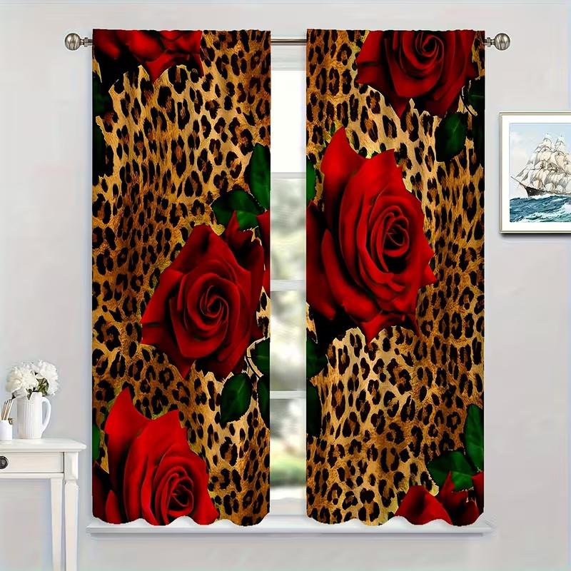 2 Pcs Leopard print rose print curtains,suitable for bedroom,living room kitchen decoration,home decoration,window decoration
