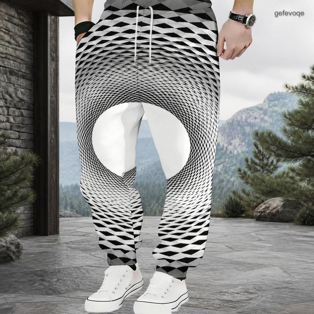 Men s Plus Size Black White Geometric Printed Drawstring Cuffed Ankle Jogger Pants With Side Pockets