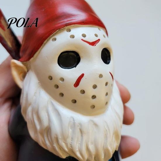 Cute Scary Masked Gnomes Halloween Voorhees Resin Figurine, Horror Hockey Mask Gnome Statue Durable Indoor Window Displays with Knife, Distressed