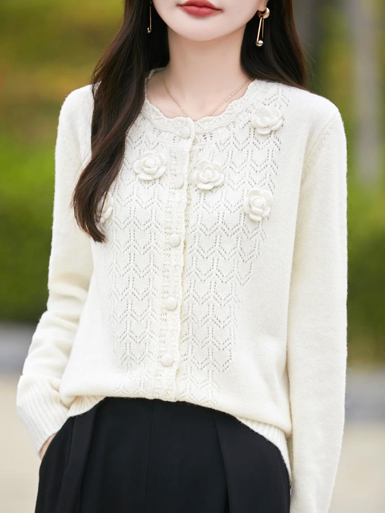 Handmade Pure Wool Hollow Out Knit Cardigan with Floral Design - Red, Autumn/Winter.