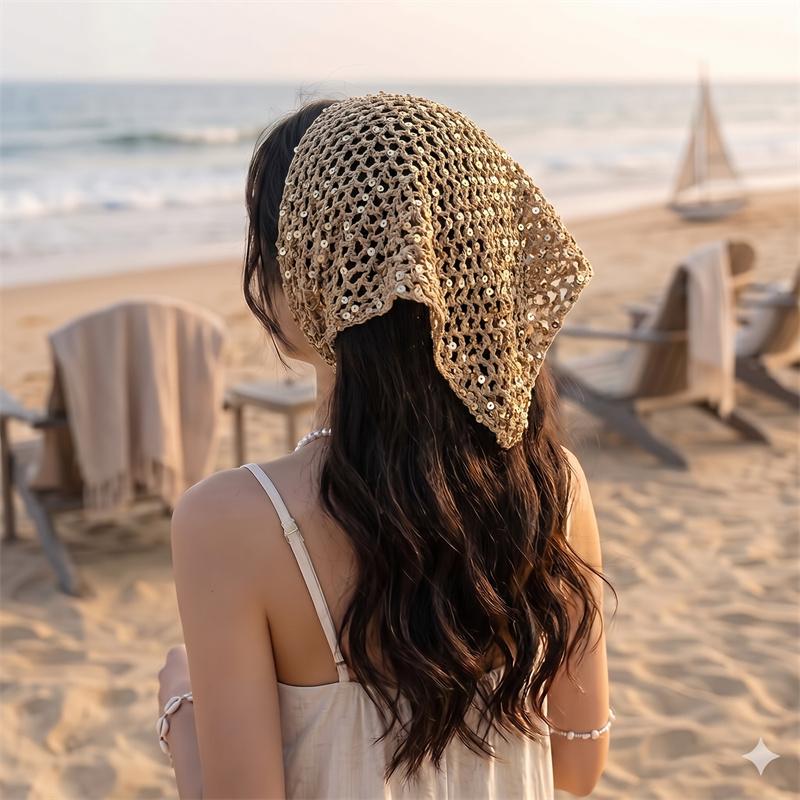 Foulard a Triangolo all'Uncinetto con Paillettes Stile Boho per Donna, Bandana Lavorata a Maglia Vuota, Copricapo per Foto in Spiaggia d'Estate, Accessori per Capelli alla Moda