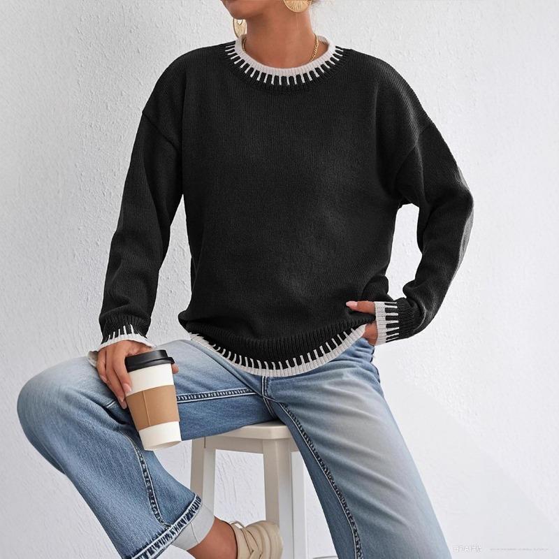 Women S Casual Loose Pullover Sweater Round Neck Long Sleeve Color Block