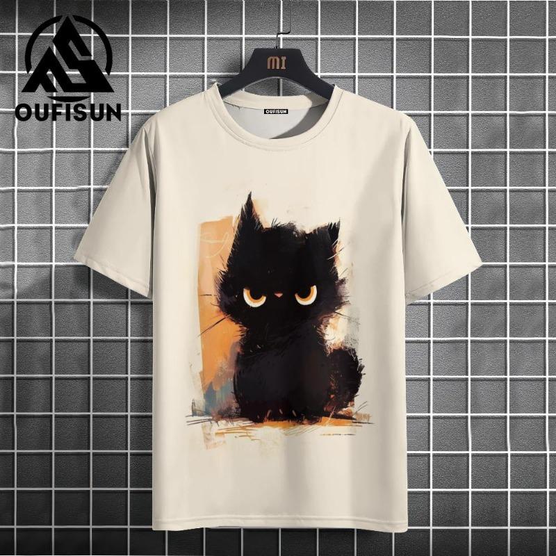 Letní pánské tričko Animal Cute Cat Print Crew Neck Krátký rukáv Tričko Street Trend Tops Nadměrné pánské oblečení Tričko pro muže