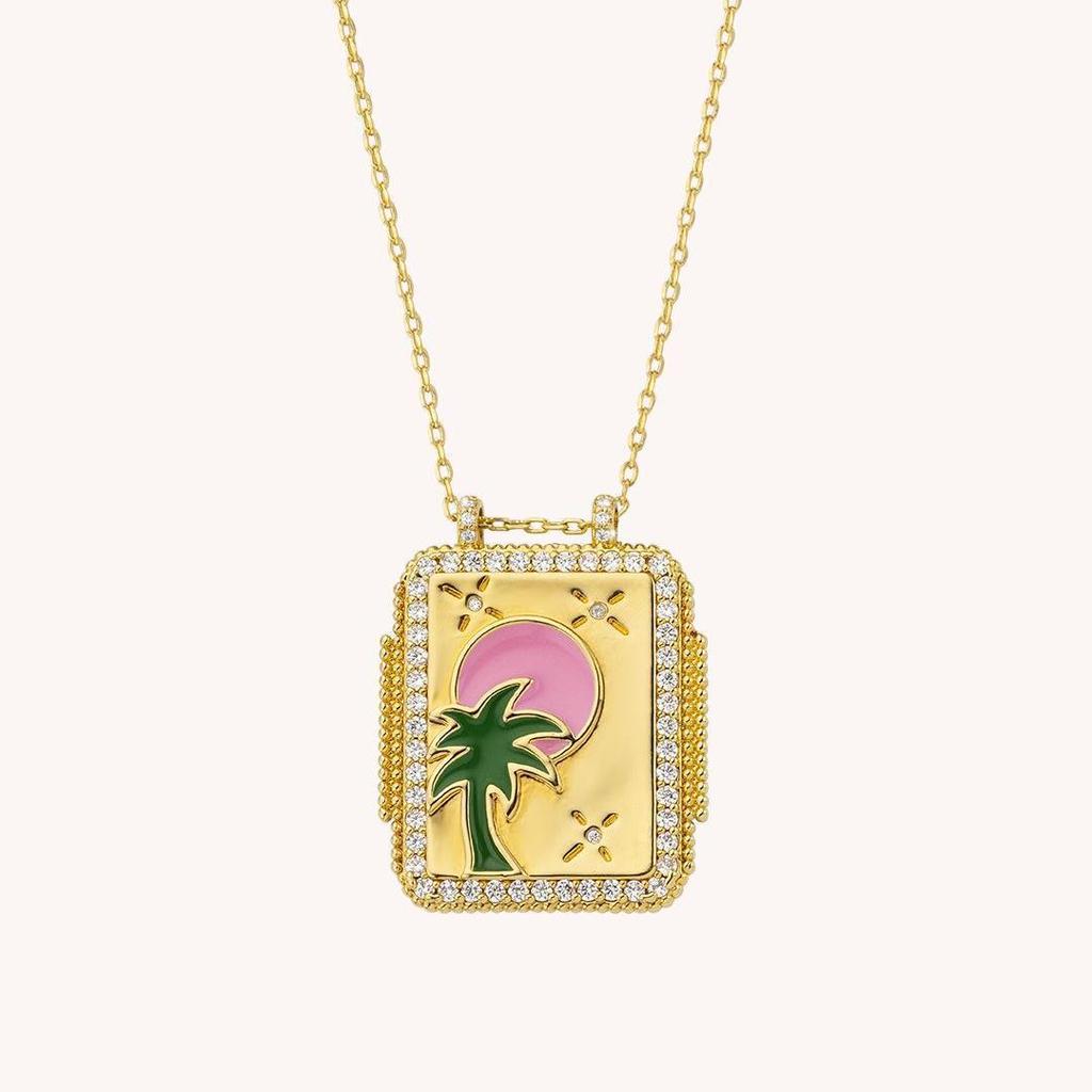 Bohemian Retro Tarot Card Long Rope Square Pendant Necklace for Women