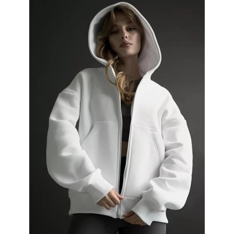 Womens Solid Color Long Sleeve Zip Up Hooded Sweatshirt Loose Fit Casual Streetwear