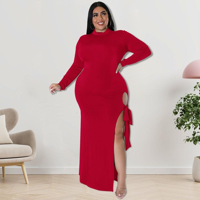 Plus Size Womens Long Sleeve Knit Dress With Zipper Tie Detail Irregular Hem Midi To Maxi In Solid Colors