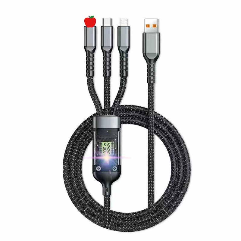 100W Transparent 3-in-1 Fast Charging Cable for Apple, Huawei, and Type-C Devices, 6A Super Speed