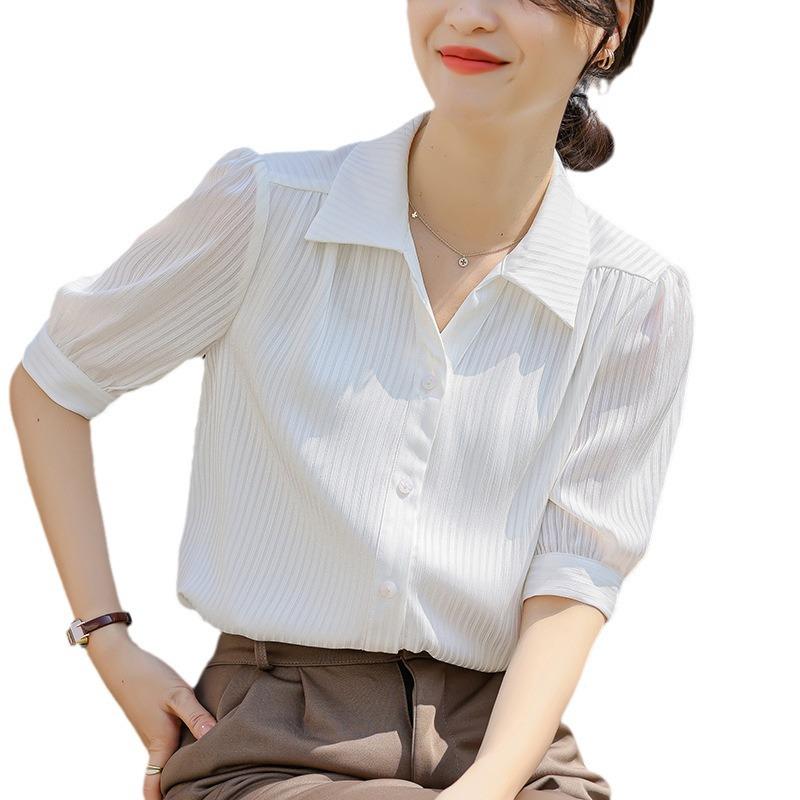 Positive Shoulder Short-sleeved Chiffon Shirt Women's Summer V-neck Blouse Shirt Tops