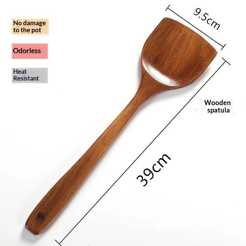 Household Long Handle Wooden Cooking Spatula Heat Resistant Kitchen Turner for Non-Stick Pans 1Pc Durable