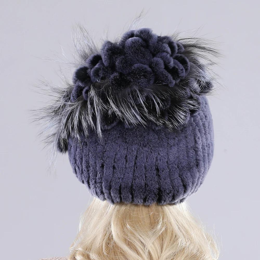 Brand Women Genuine Rex Rabbit Fur Hats Winter Rex Rabbit Fur Beanies Striped Top Flower Fox Fur Warm Real Fur Knit Caps
