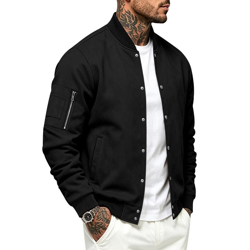 Autumn and Winter Men's Suede Solid Color Patchwork Casual Sports Stand Up Collar Button Jacket Long Sleeved Jacket Cardigan