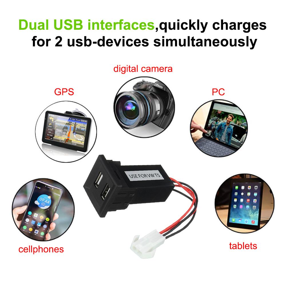 Adapter Gniazda Ładowarki Samochodowej Dual USB Auto 2.1A Ładowarki Dual USB ABS Dla Voor Volkswagen T5 Transporter 2003-2008 2009