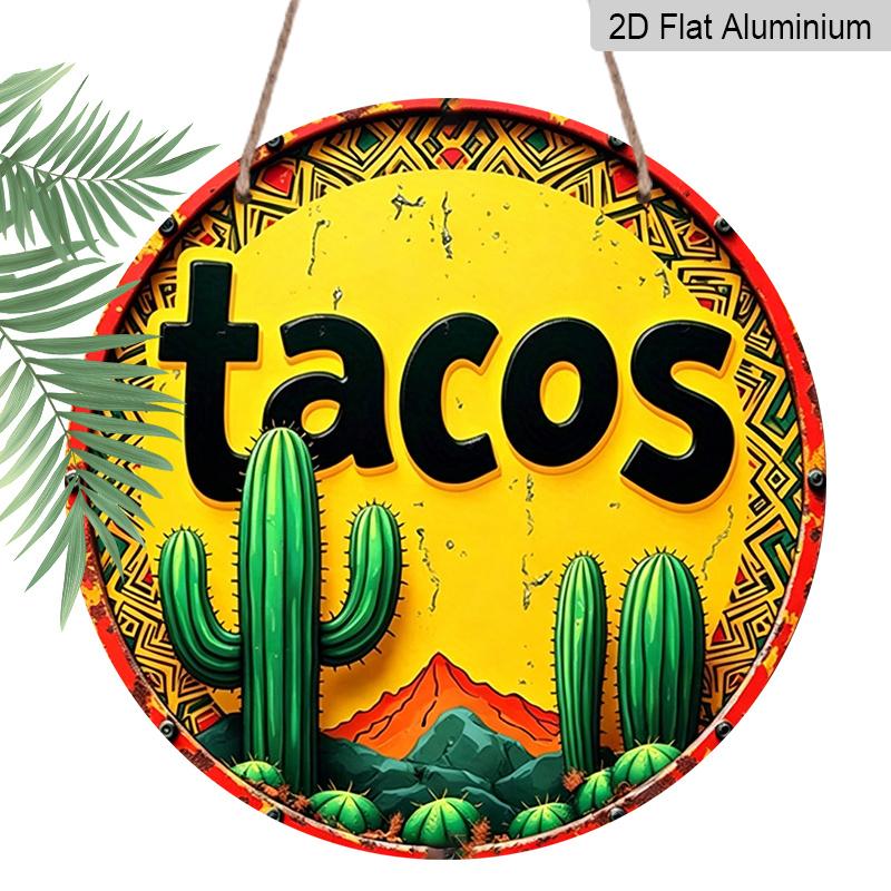 2D Flat, 1pc Round Tacos Cactus Aluminum Hanging Sign, Vintage Mexican Fiesta Desert Mountain Design, Retro Colorful Metal Wall Decor, Perfect for 7.87x7.87in