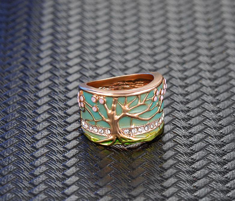 Nouveaux Anneaux Arbre Fleur Mode Or Opale Rose Émail Vert Bague Large Pour femme Soirée Cristal Bijoux Vintage