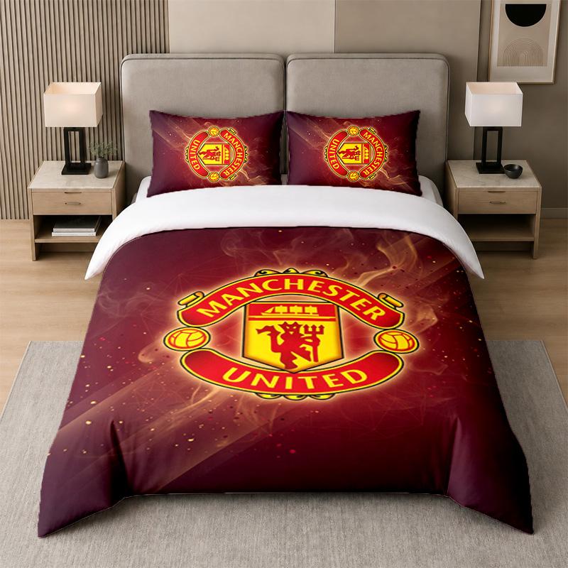 3-delt sengetøjssæt Manchester United Blad Sengetøj og To Pudevar Hjem Soveværelse Dekoration