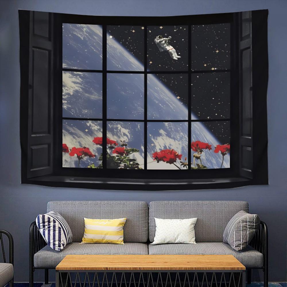 VIKAMAins Window with Stunning Landscape Live Streaming Wall Fabric Background Decorative Tapestry for Bedroom and Dormitory