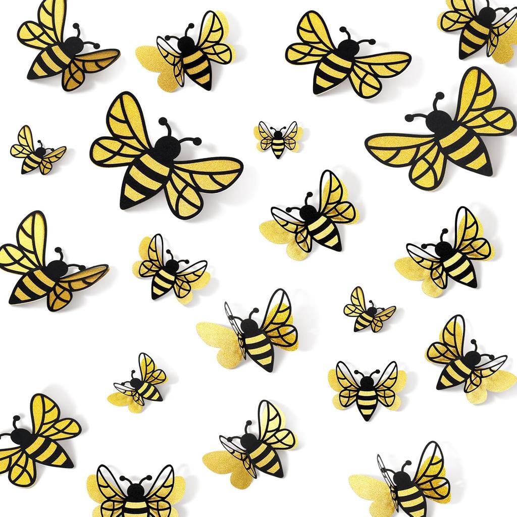 30 Pcs 3D Bee Decoration 5 Sizes Honey Bumble Wall Sticker Decor for Classroom Large Glitter Bee Themed Decals Confetti Cute Adhesive Birthday Baby