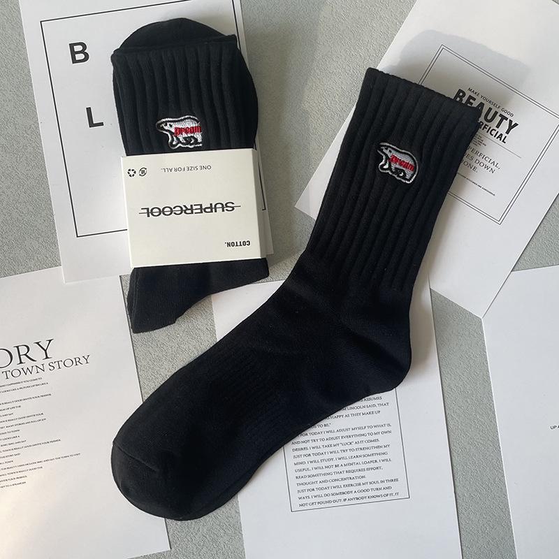Meias de Algodão Bordadas com Urso Polar Estilo Shawn Yue para Homem - Preto e Branco Comprimento Médio-Alto