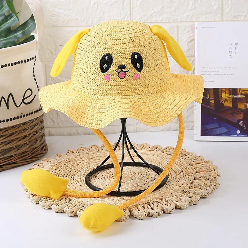 Kids Anti-UV Straw Sun Hat with Moving Rabbit Ear Cute Bunny Fisherman Hat Summer Beach Cap Wide Brim Sun Hat for Girls Boys