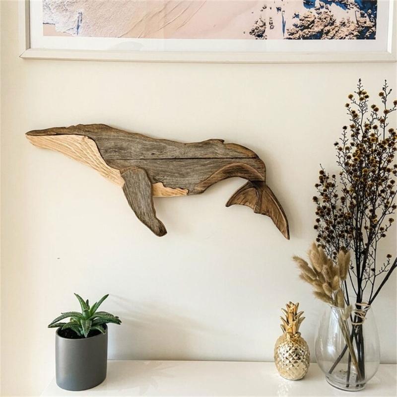 Holz-Meeresfisch-Figur Handgeschnitzt Rustikale Segelskulptur Wandbehang Dekoration für Häuser mit Strandthema