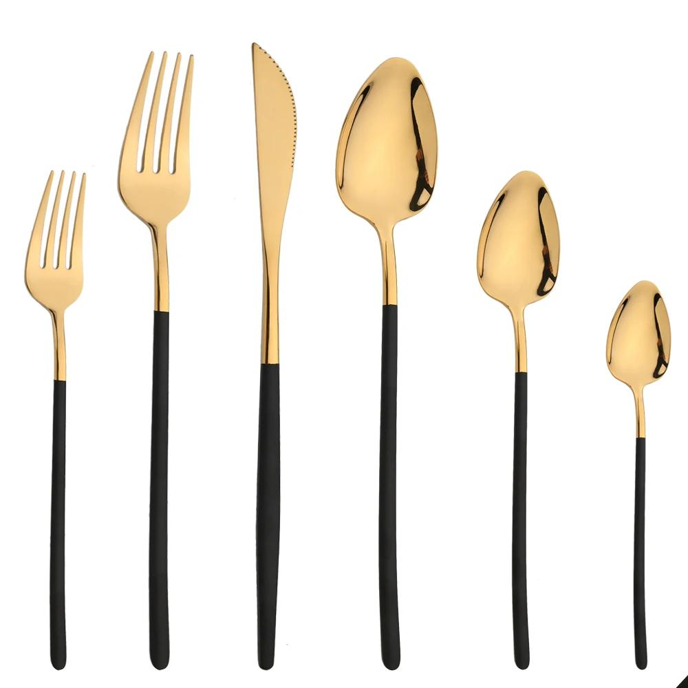 6Pcs Dinnerware Set Stainless Steel Gold Tableware Knife Fork Dessert Spoon Cutlery Set Western Kitchen Flatware Silverware