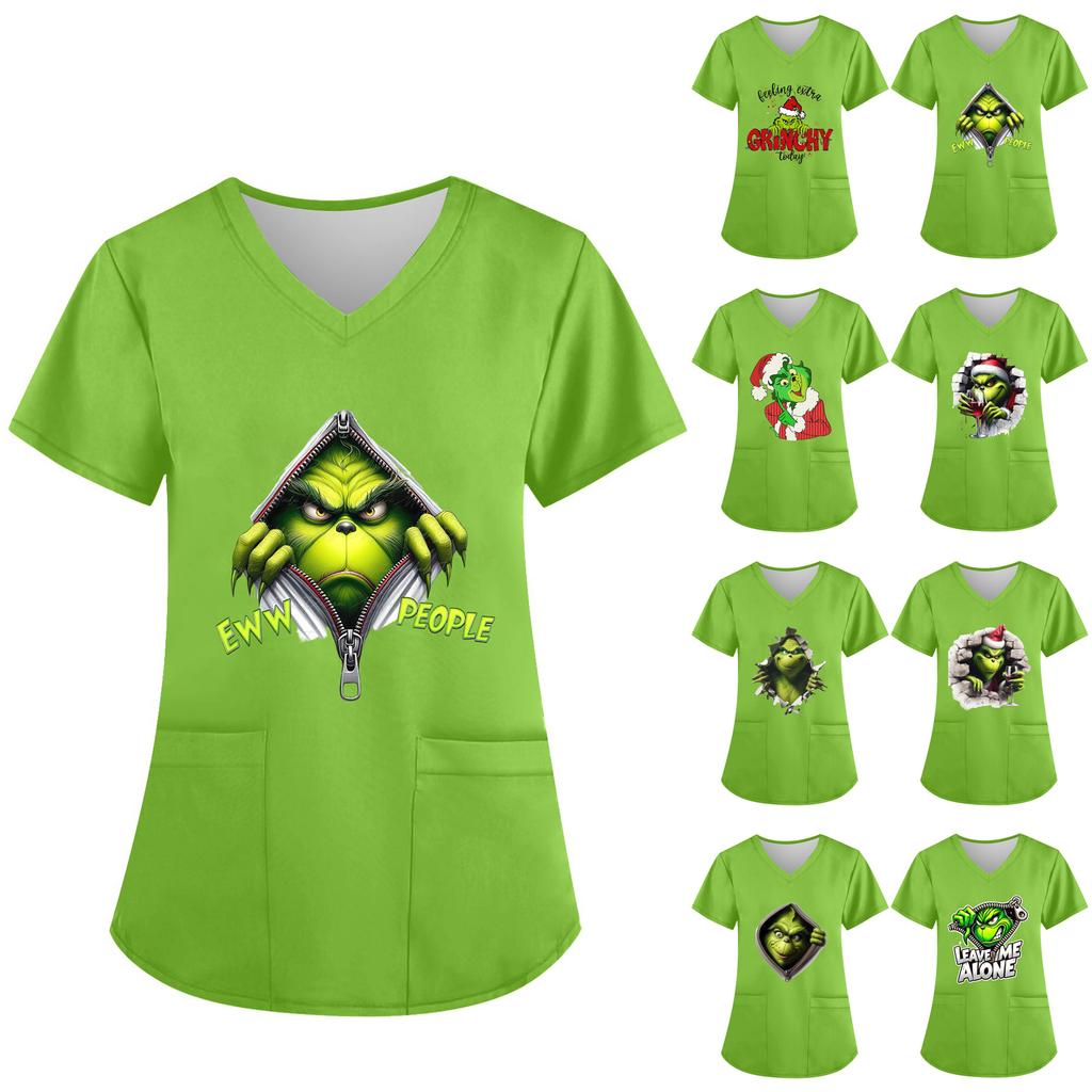 Women's V-neck Christmas Print Short-sleeved Pocket Side Slit Uniform Top