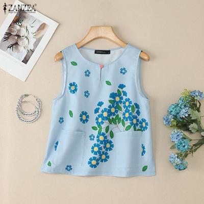Women Floral Print Summer Round Neck Casual Sleeveless Tank Tops