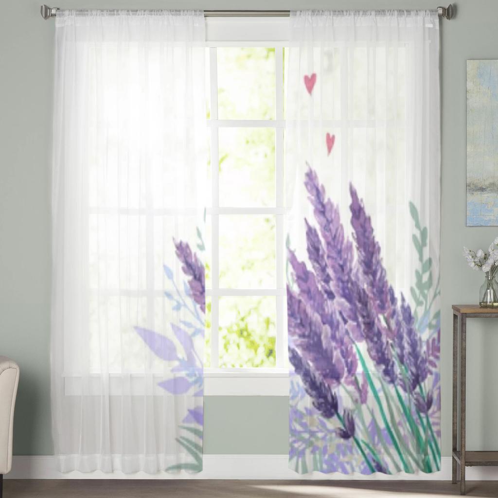 Watercolor Lavender Bouquet Chiffon Sheer Curtains For Living Room Bedroom Decoration Window Tulle Curtains Drapes