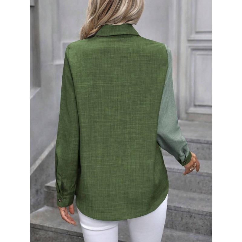 Women Casual Color Block Long Sleeve Turn Down Collar Button Down Shirt