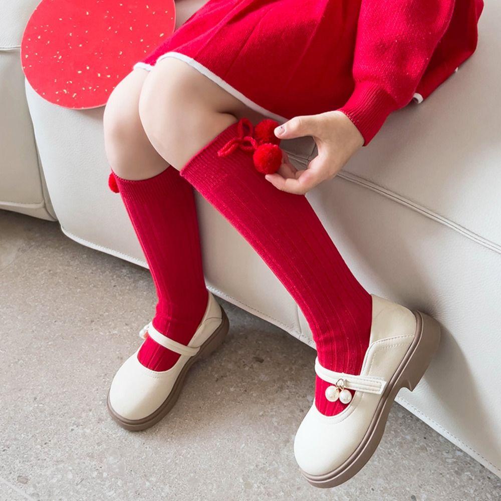 Cotton Bow Hosiery for Kids Middle Tube Children Long Socks Cute New Year Red Socks  Home Socks