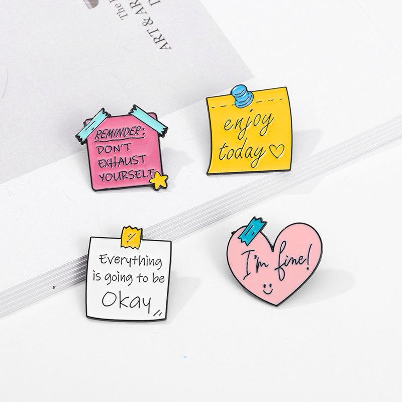 4PCS Motivational Sentences Enamel Badges Letter Everything Is Going To Be Okay Lapel BroochAlloy Pins On Backpack Clothing Hat