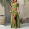 Summer New Sexy Hottie Slanted Shoulder Open Button Top Pleated Metal Decorative Beach Vacation Dress Two-piece Set