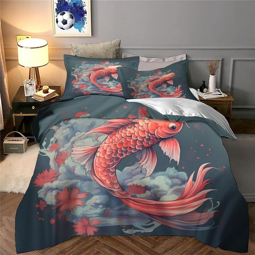 Koi Fish Quilt Cover 3D Print All Season 3Pcs Bed Linen Hidden Zipper Japanese Duvet Cover Ultra Soft  For Adults Teens Women