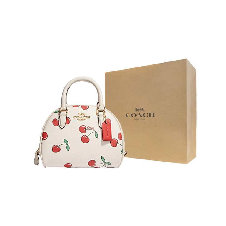 Coach Sydney 21 Zipper Cherry Print Coated Canvas And Leather Shoulder Crossbody Handbag Small Women Handbags White CF421-IMCAH