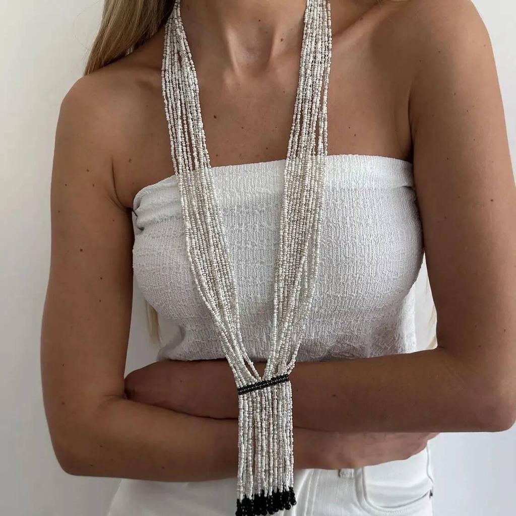 Salircon New Boho Multilayer Rice Beaded Necklace Women Exquisite Charm Long Crystal Chain Necklace Tassel Sweater Chain Jewelry