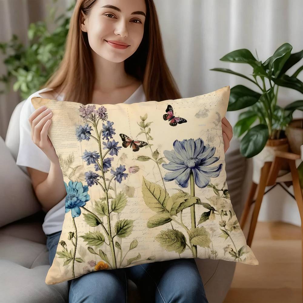 Vintage Floral Pillow Case Short Plush Sofa Decorative Gift Home Double-sided Printing Cushion