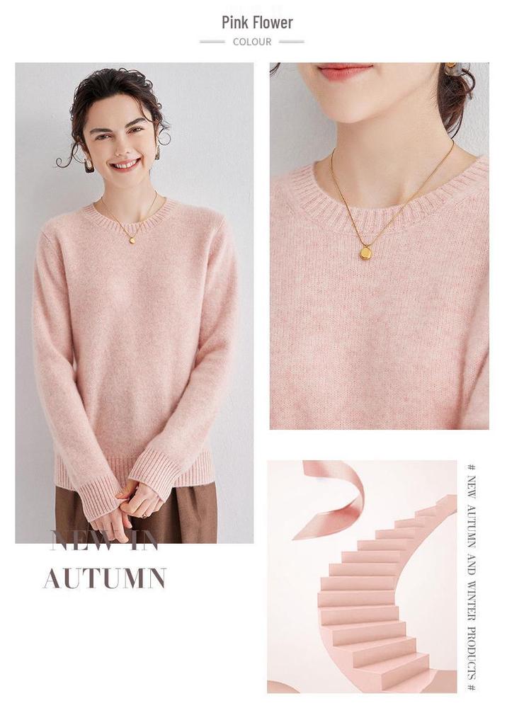 2024 Autumn/Winter Women's Cashmere Round Neck Loose Pullover Sweater - Solid Color Knit Base Layer