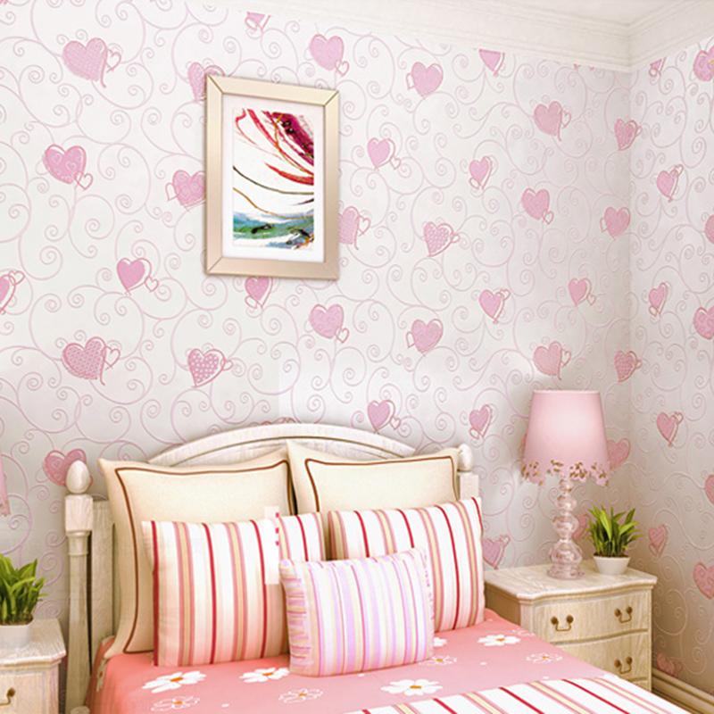 3D Rosa Liebesherz Cartoon Prinzessin Mädchenzimmer Hintergrund Tapetenrolle 3D Geprägt Beflockt Vlies Kinder Wandbelag Papier