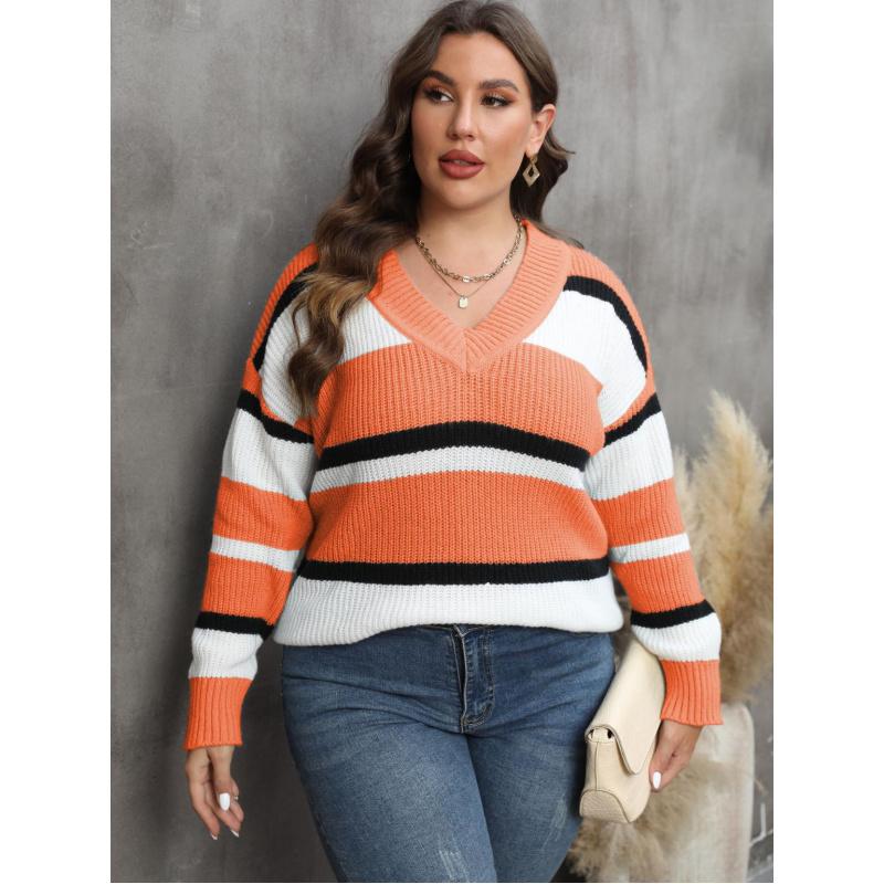 Women's Pullover Sweater Plus Size Women's Fashion European and American Style Autumn Winter New V-neck Color Block Fashion Sweater